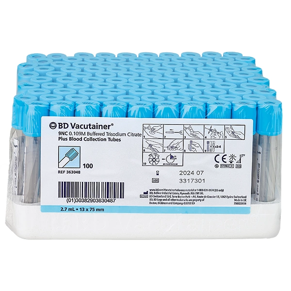 Vacutainer ® tubes for coagulation analysis - BD PET/PP, 0.129 M buffered Na citrate, Hemogard closure, light blue (100)